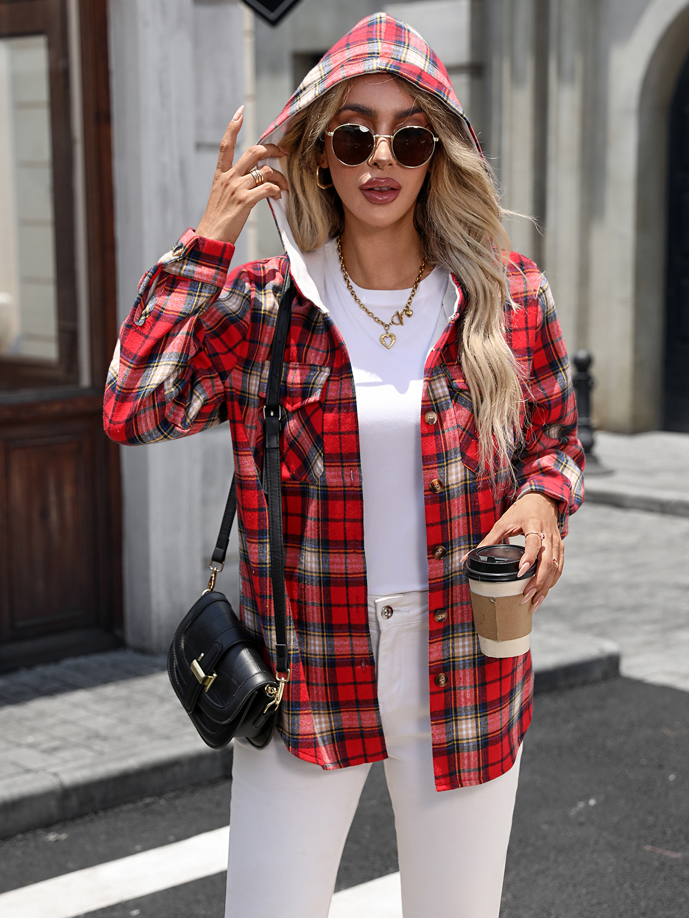 YJ087 Women's checkered hooded coat, versatile for autumn and winter