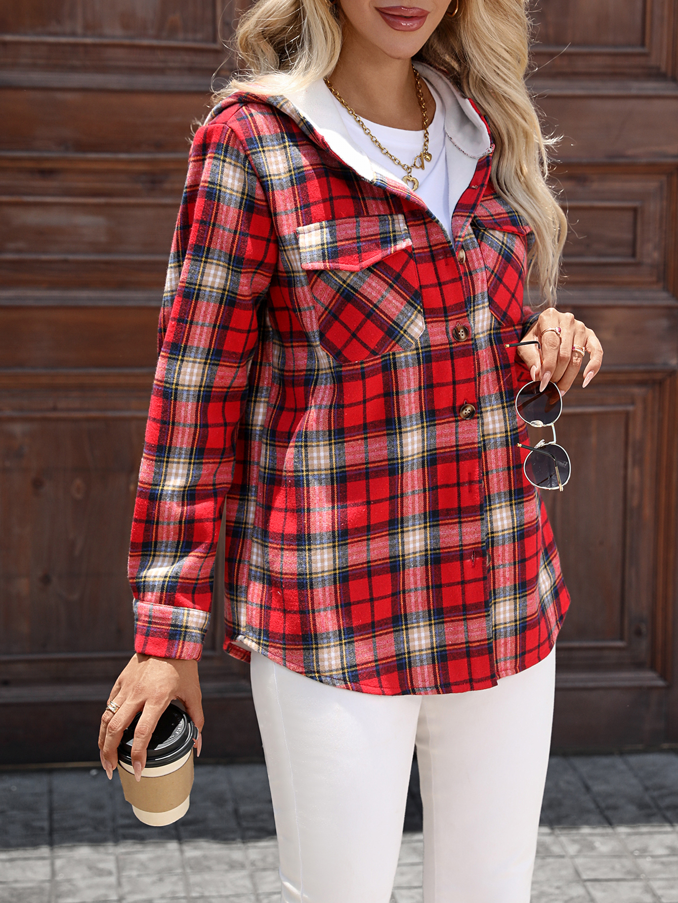 YJ087 Women's checkered hooded coat, versatile for autumn and winter