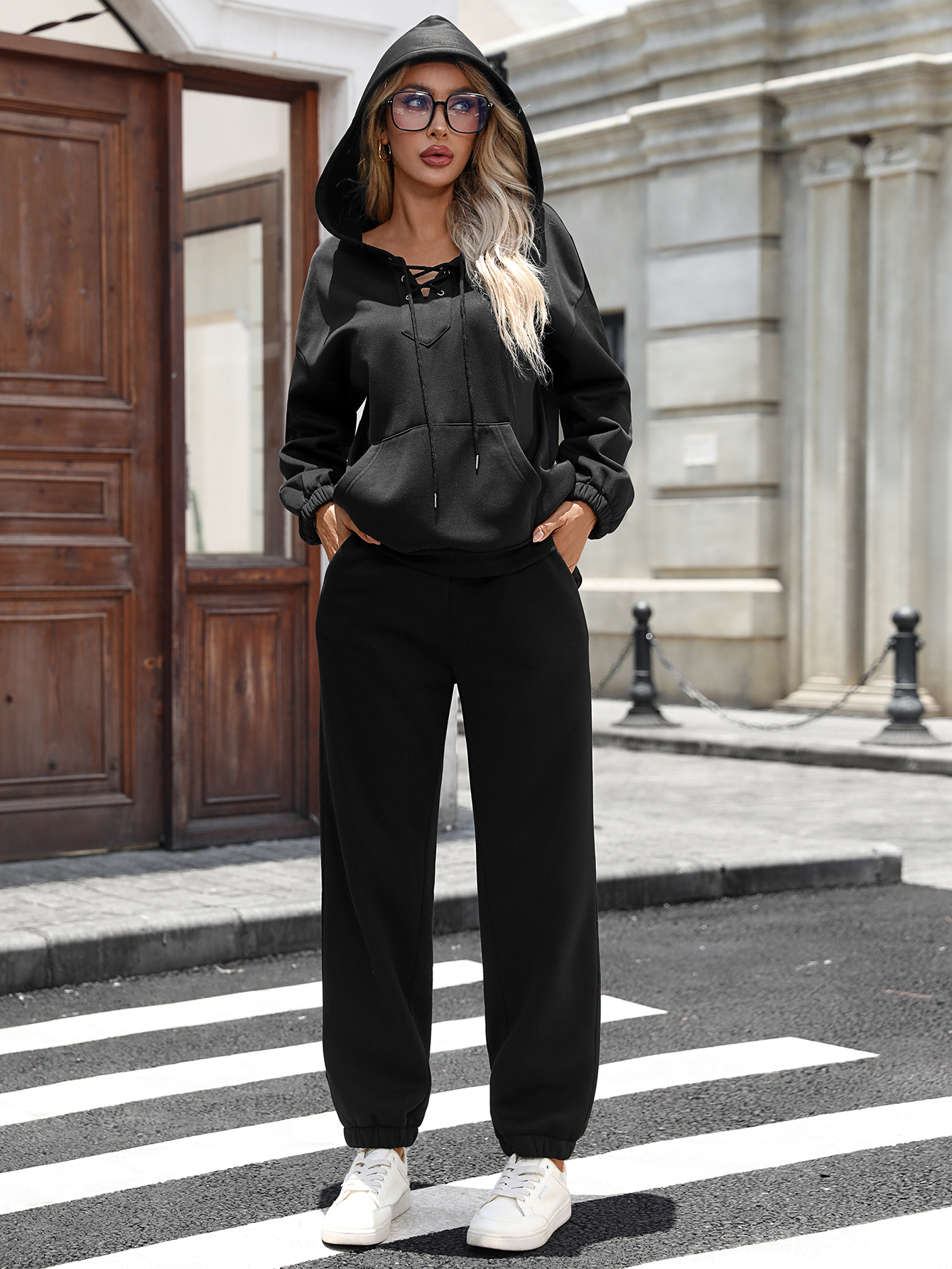 OA035 Women's V-neck drawstring hooded sweatshirt and pants set