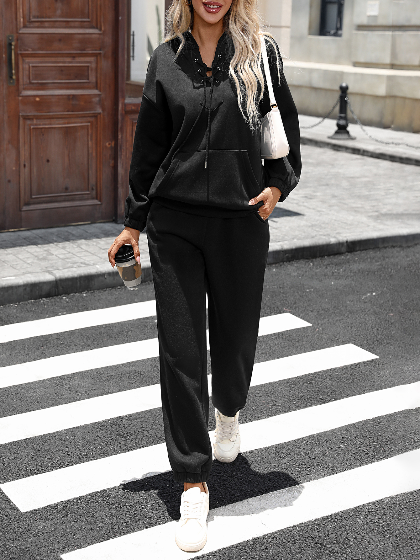 OA035 Women's V-neck drawstring hooded sweatshirt and pants set