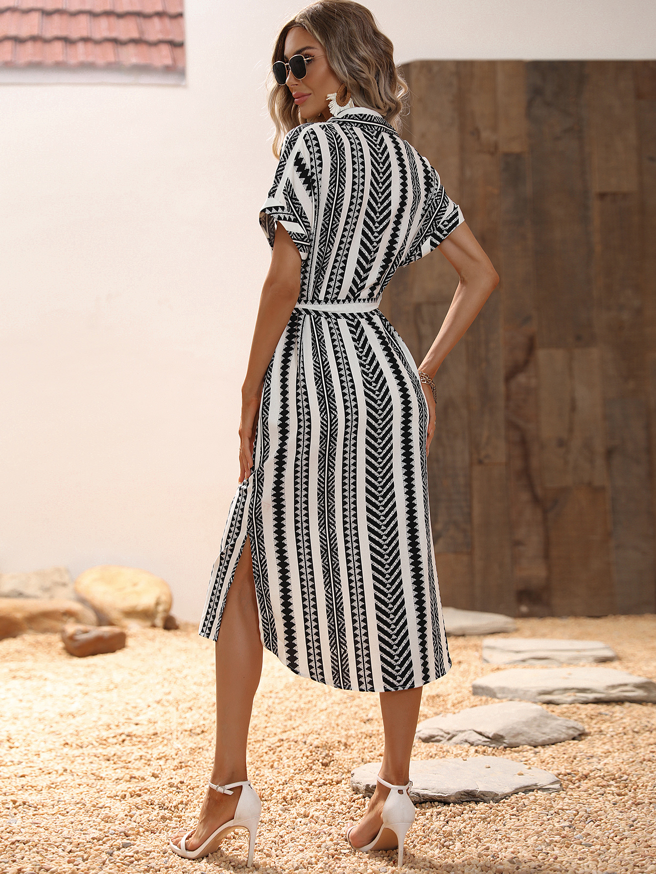 hevron Print Batwing Sleeve Split Thigh High Low Belted Shirt Dress Maxi Vacation Beach Outfits Women