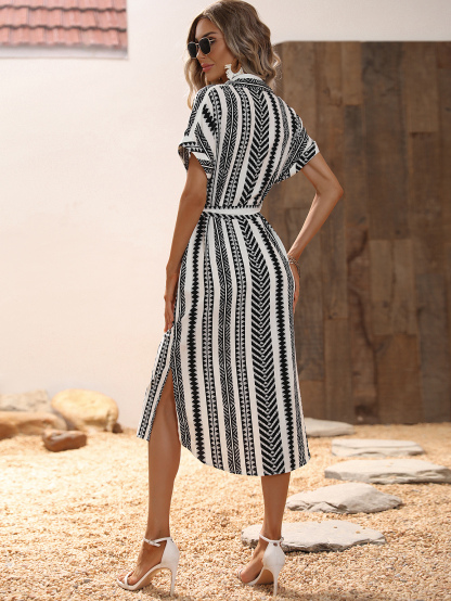 hevron Print Batwing Sleeve Split Thigh High Low Belted Shirt Dress Maxi Vacation Beach Outfits Women