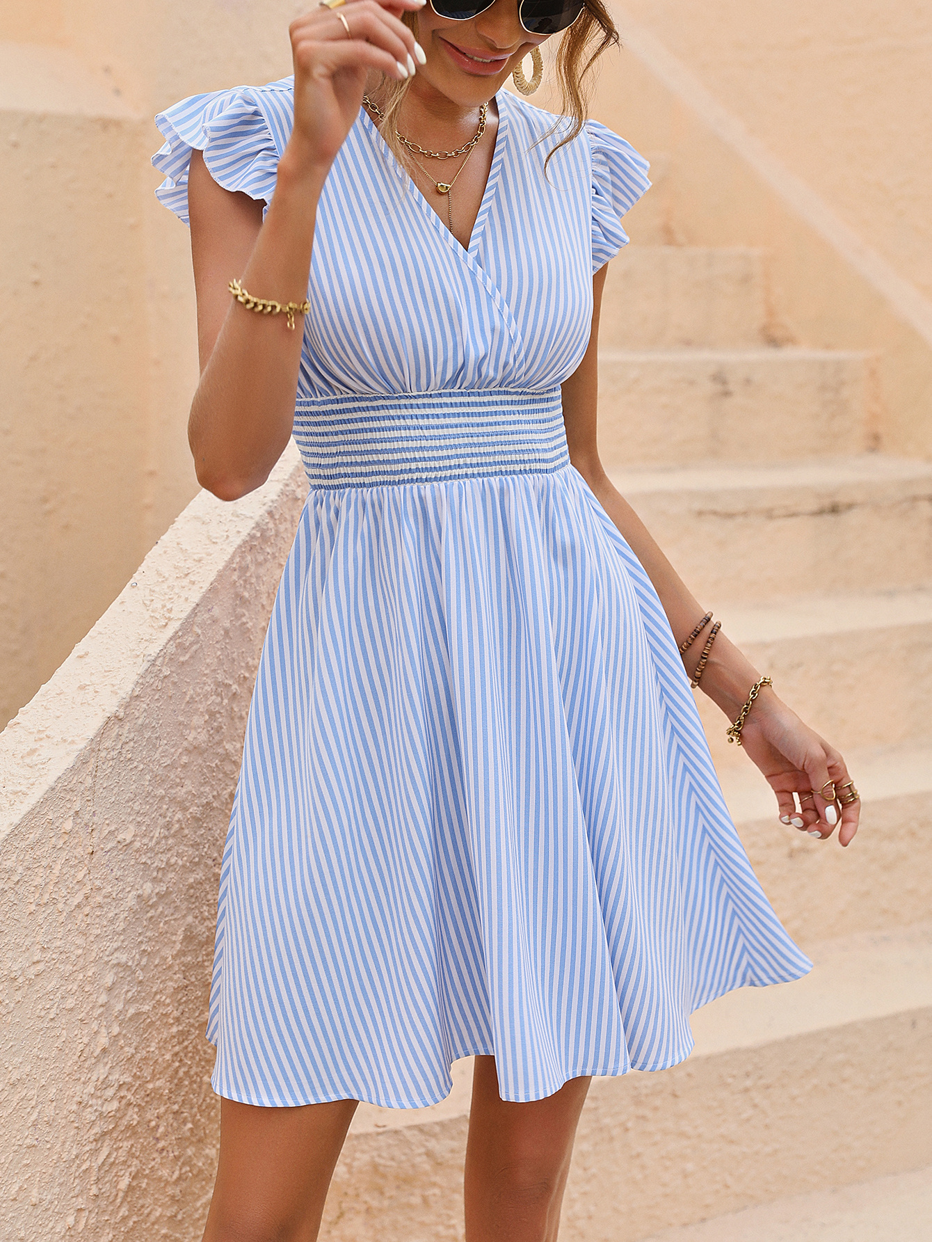 Striped Print Ruffle Trim Dress Color: blue, navy blue