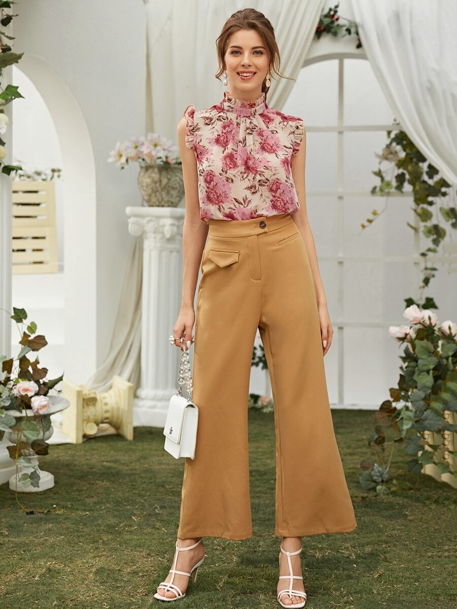 s988 Floral Print Keyhole Back Sleeveless Blouse