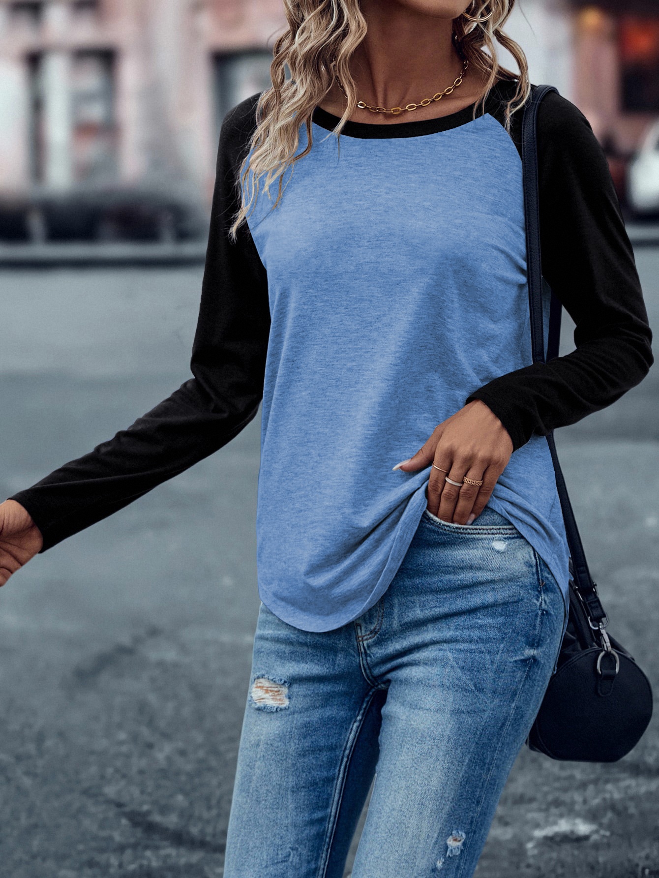 XH315 Colorblock Raglan Sleeve Tee Graphic Tees Women Tops(Can be customized printing)