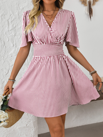 Women V-Neck Striped Short Sleeve Casual Mini Dress