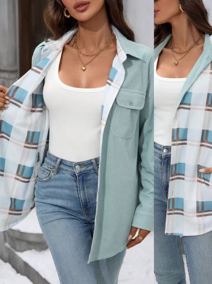 OA047 Women's Check Corduroy Double-sided Wearing Warm Leisure Shirt Jacket