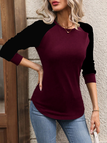 XH199 Women Casual Color Block Raglan Sleeve Long Sleeve T-Shirt, For Autumn Daily Wear Graphic Tees Women Tops For Spring Outfit