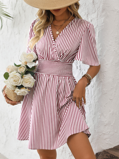Women V-Neck Striped Short Sleeve Casual Mini Dress