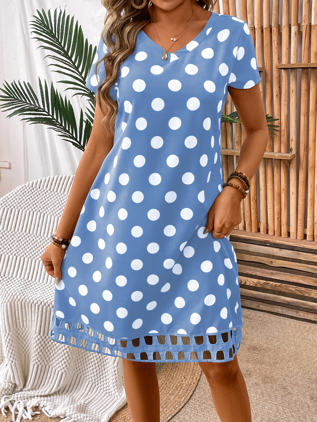Women's Polka Dot Printed V-Neck Short Sleeve Dress