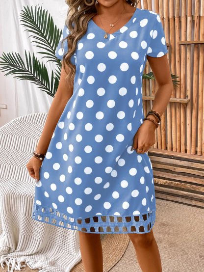 Women's Polka Dot Printed V-Neck Short Sleeve Dress