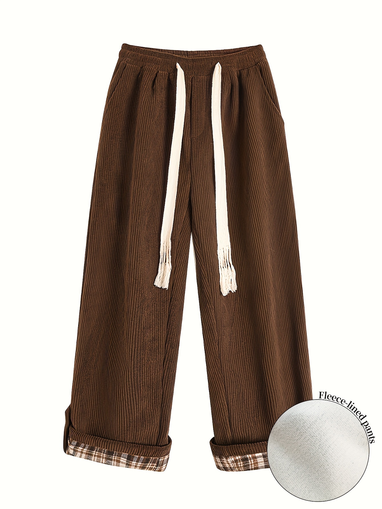 YJ137 Womens's Maillard Color Block Plaid Fleece-Lined Long Pant