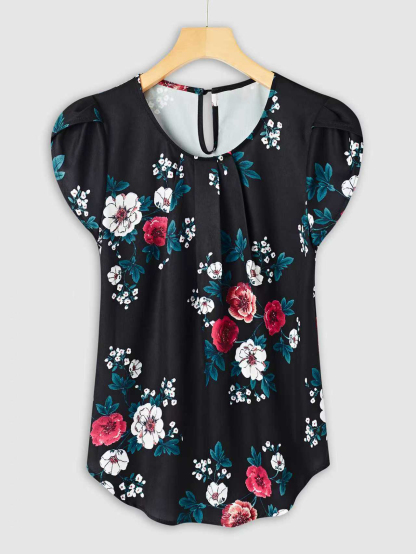 Holidaya Floral Print Pleated Cap Sleeve Top