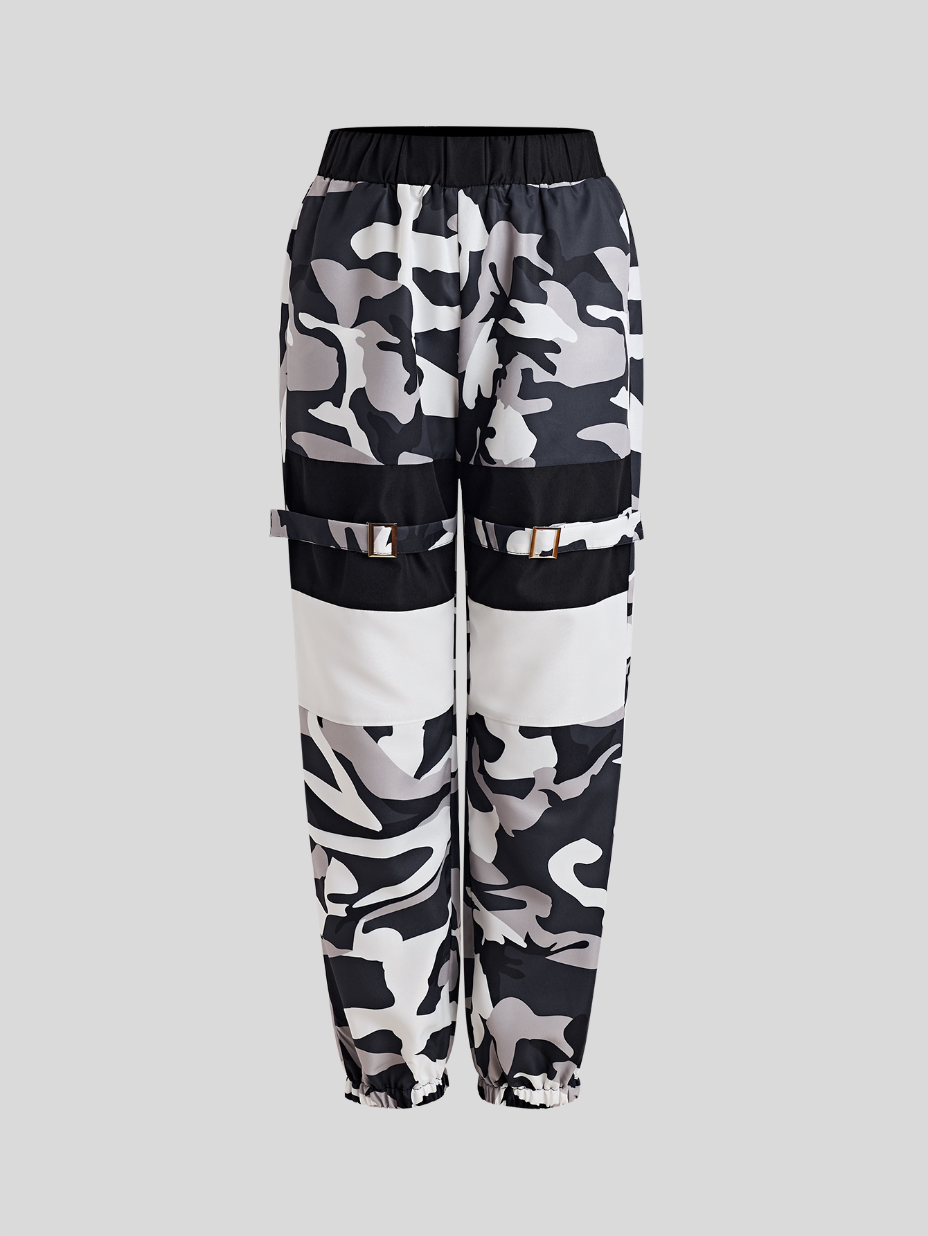 XH648 Buttoned Camouflage Print Buckle Cargo Pants