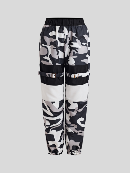 XH648 Buttoned Camouflage Print Buckle Cargo Pants
