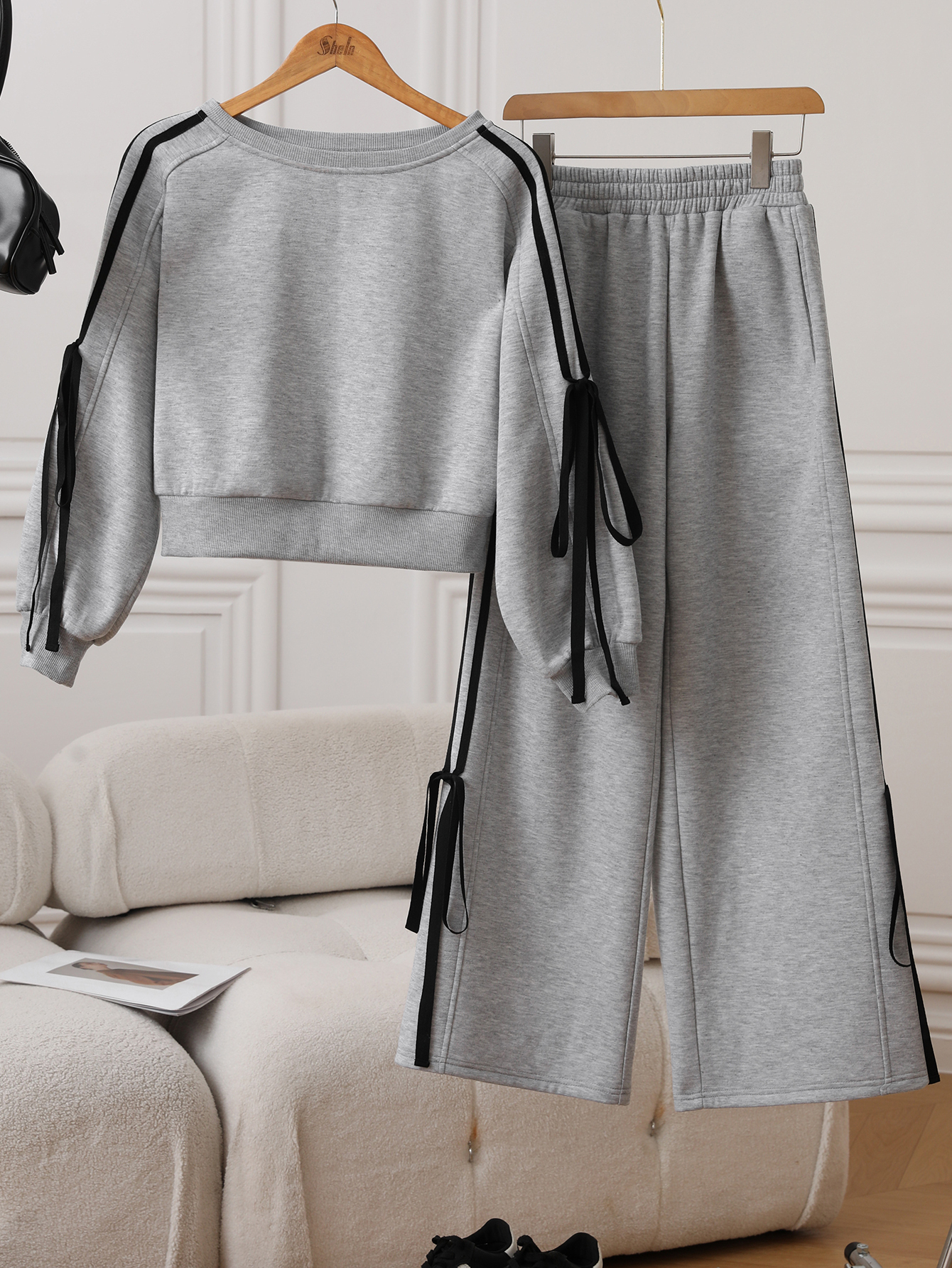 lgy45 Women's round neck sweatshirt casual sports pants ribbon decoration set