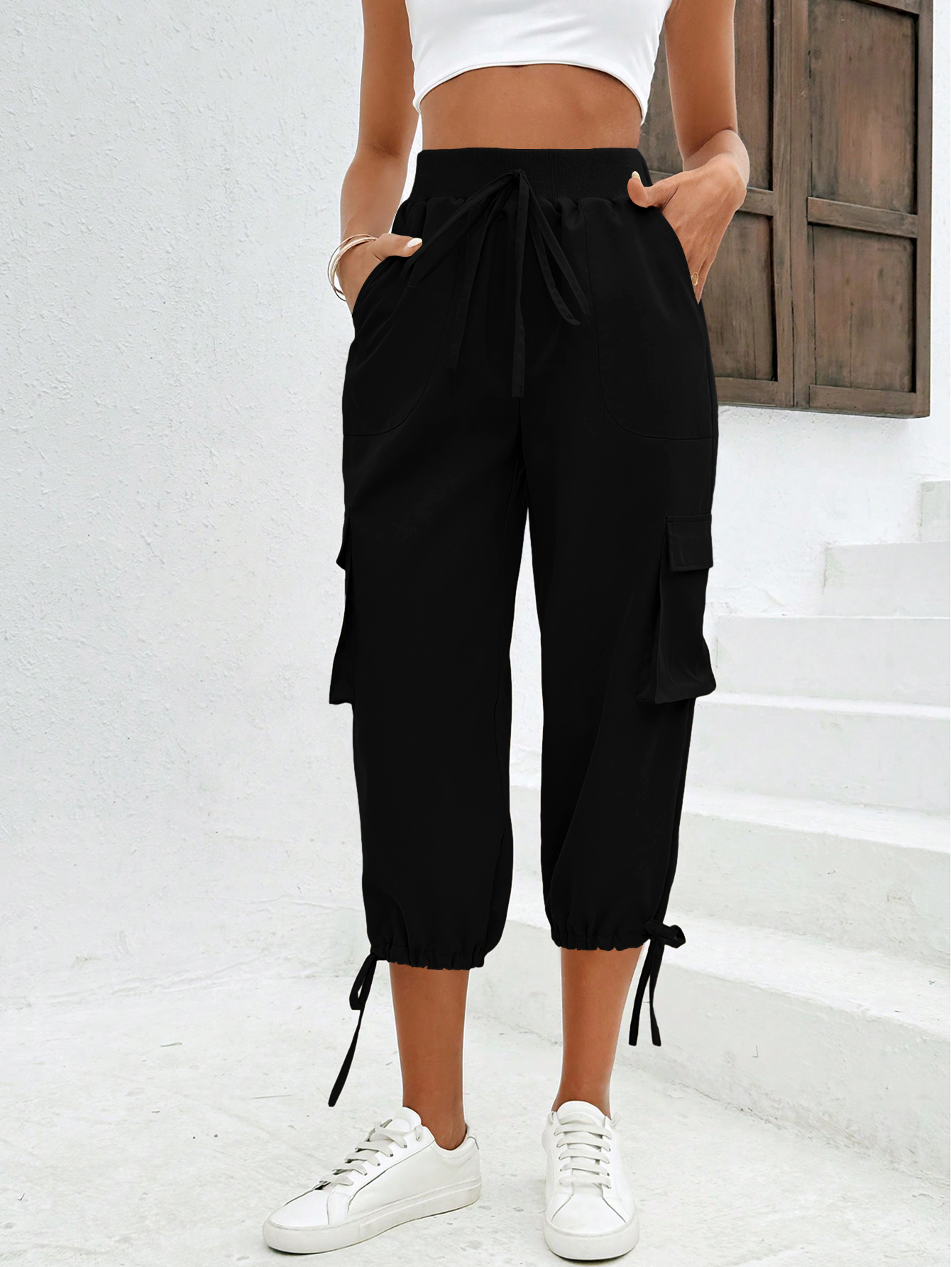 XD113 Women's Cargo Pants with Pockets Capris Wide Leg High Waisted Quick Dry Adjustable Cute Yoga Sweatpants Drawstring Elastic Waist Waterproof Gaucho Pants