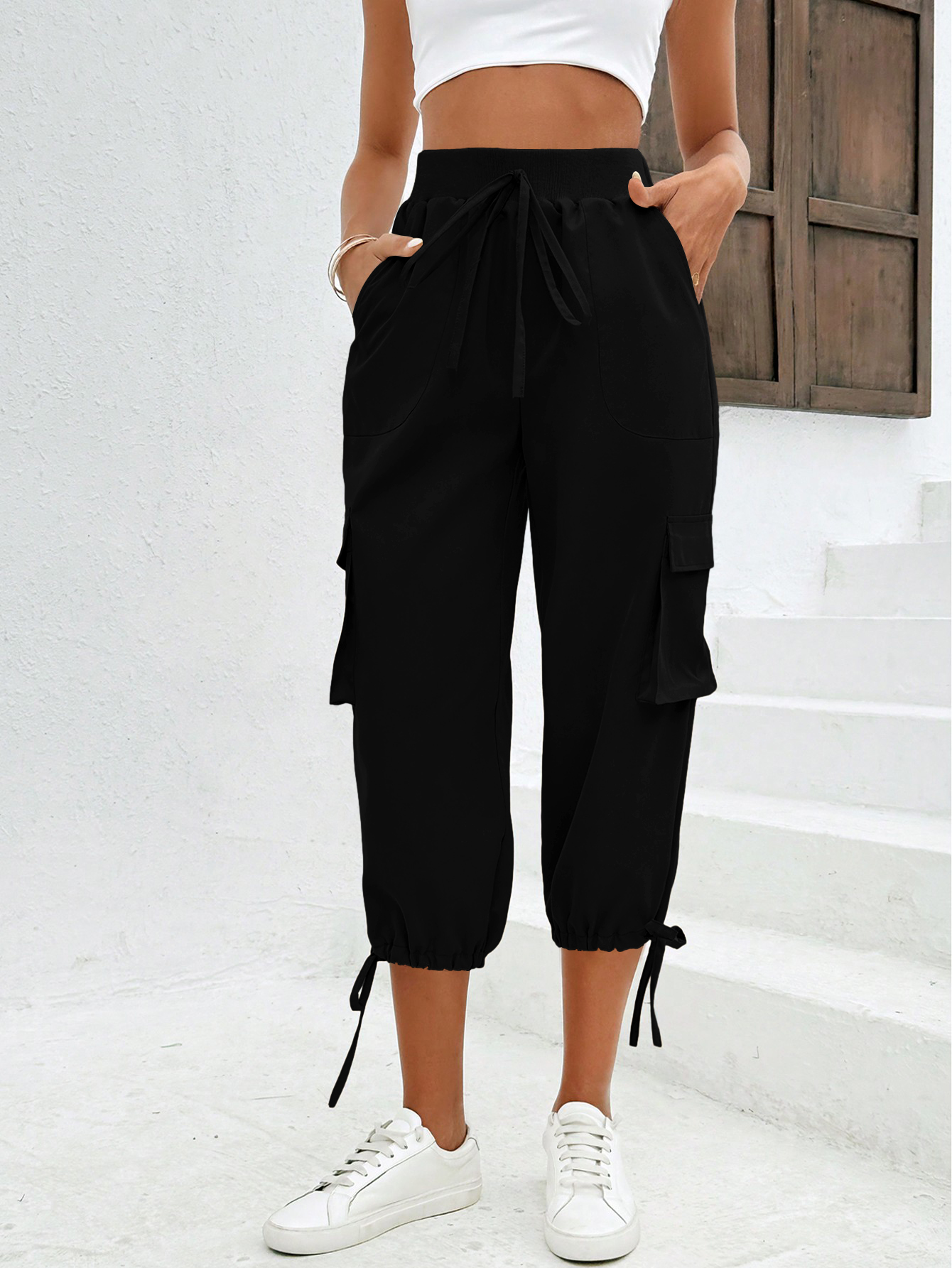 XD113 Women's Cargo Pants with Pockets Capris Wide Leg High Waisted Quick Dry Adjustable Cute Yoga Sweatpants Drawstring Elastic Waist Waterproof Gaucho Pants