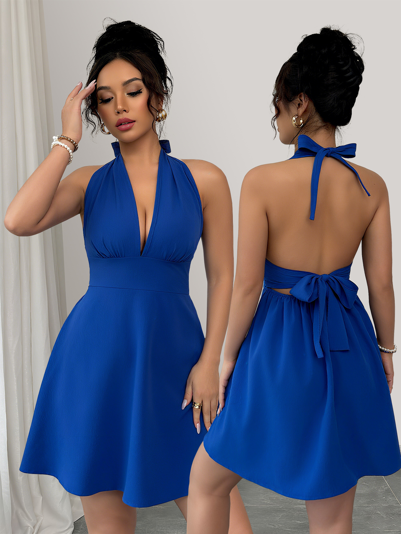 Elenzga Elegant & Sexy Solid Color Backless Tie Neck Sleeveless Dress