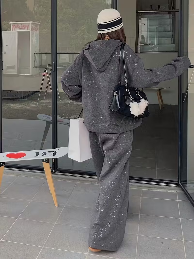 OA063 Women'S Hooded Coat and Straight-Leg Pants Set with Silver Accents - Casual Fall/Winter Outfit, Solid Color, Long Sleeve, Button-Up Front, Regular Fit, Perfect For Daily Wear, Casual Wear | Hooded Coat | Buttonup Front, Ladies Coats