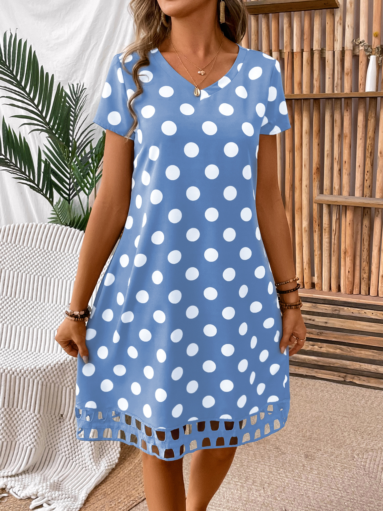 Women's Polka Dot Printed V-Neck Short Sleeve Dress