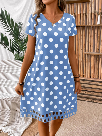 Women's Polka Dot Printed V-Neck Short Sleeve Dress