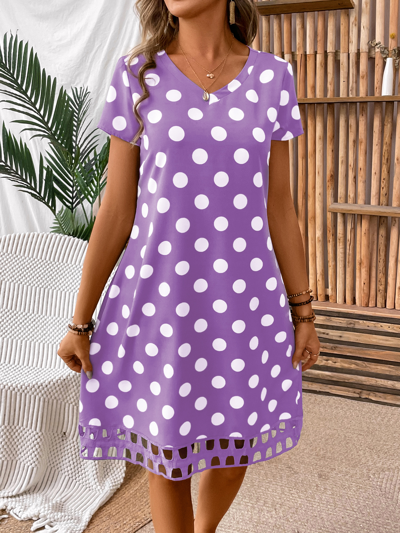 Women's Polka Dot Printed V-Neck Short Sleeve Dress
