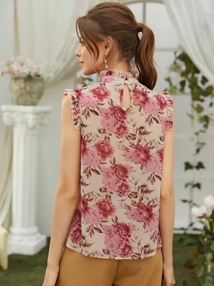 s988 Floral Print Keyhole Back Sleeveless Blouse