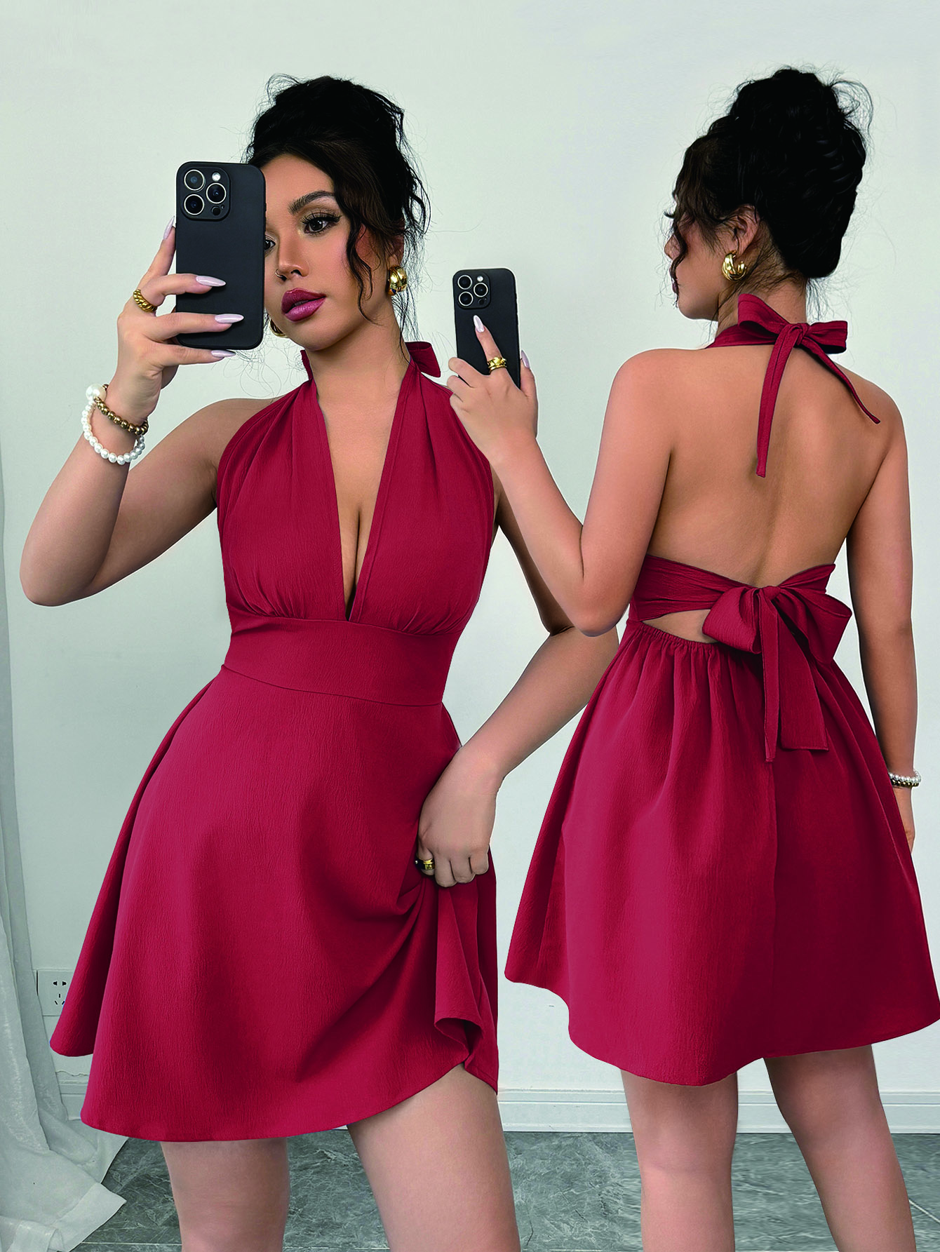 Elenzga Elegant & Sexy Solid Color Backless Tie Neck Sleeveless Dress