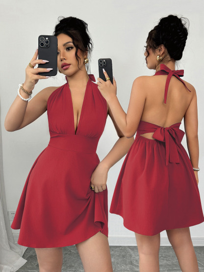 Elenzga Elegant & Sexy Solid Color Backless Tie Neck Sleeveless Dress