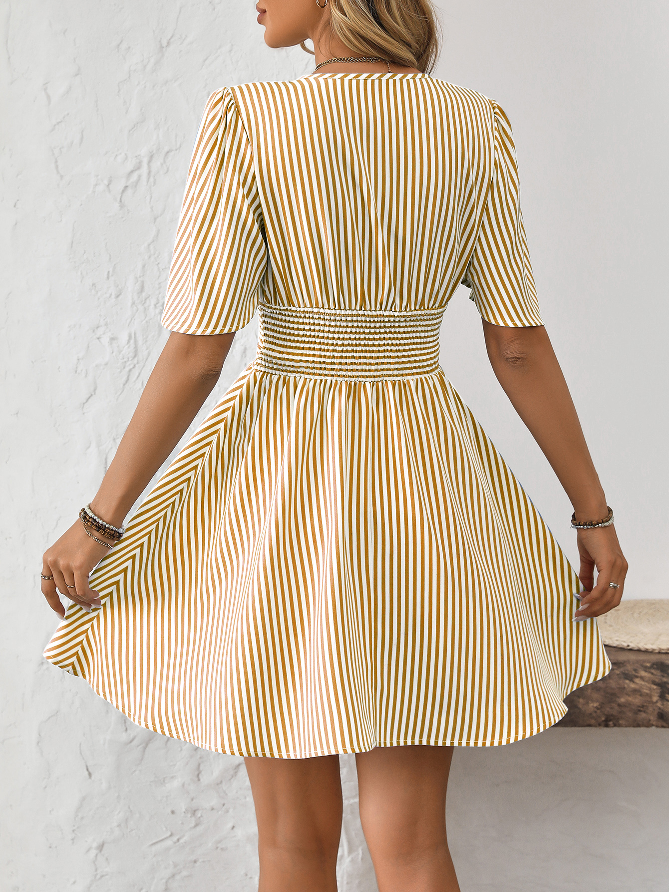 Women V-Neck Striped Short Sleeve Casual Mini Dress