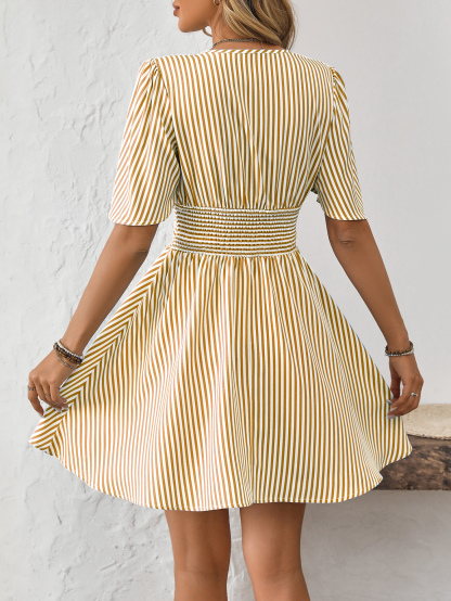Women V-Neck Striped Short Sleeve Casual Mini Dress