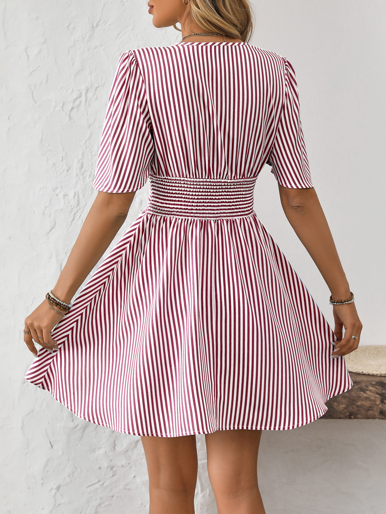 Women V-Neck Striped Short Sleeve Casual Mini Dress