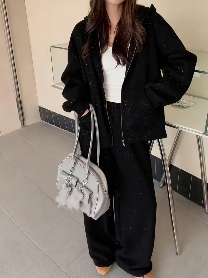 OA063 Women'S Hooded Coat and Straight-Leg Pants Set with Silver Accents - Casual Fall/Winter Outfit, Solid Color, Long Sleeve, Button-Up Front, Regular Fit, Perfect For Daily Wear, Casual Wear | Hooded Coat | Buttonup Front, Ladies Coats