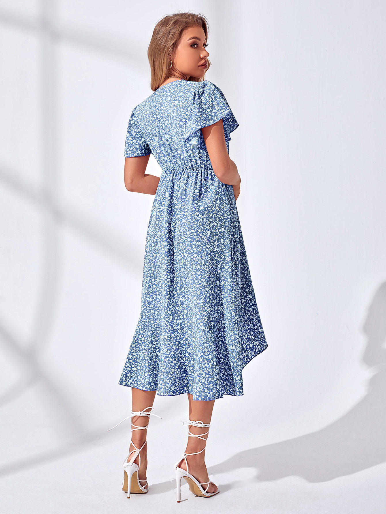 XH451 Floral Print Ruffle Sleeves Knotted Side Wrap Dress