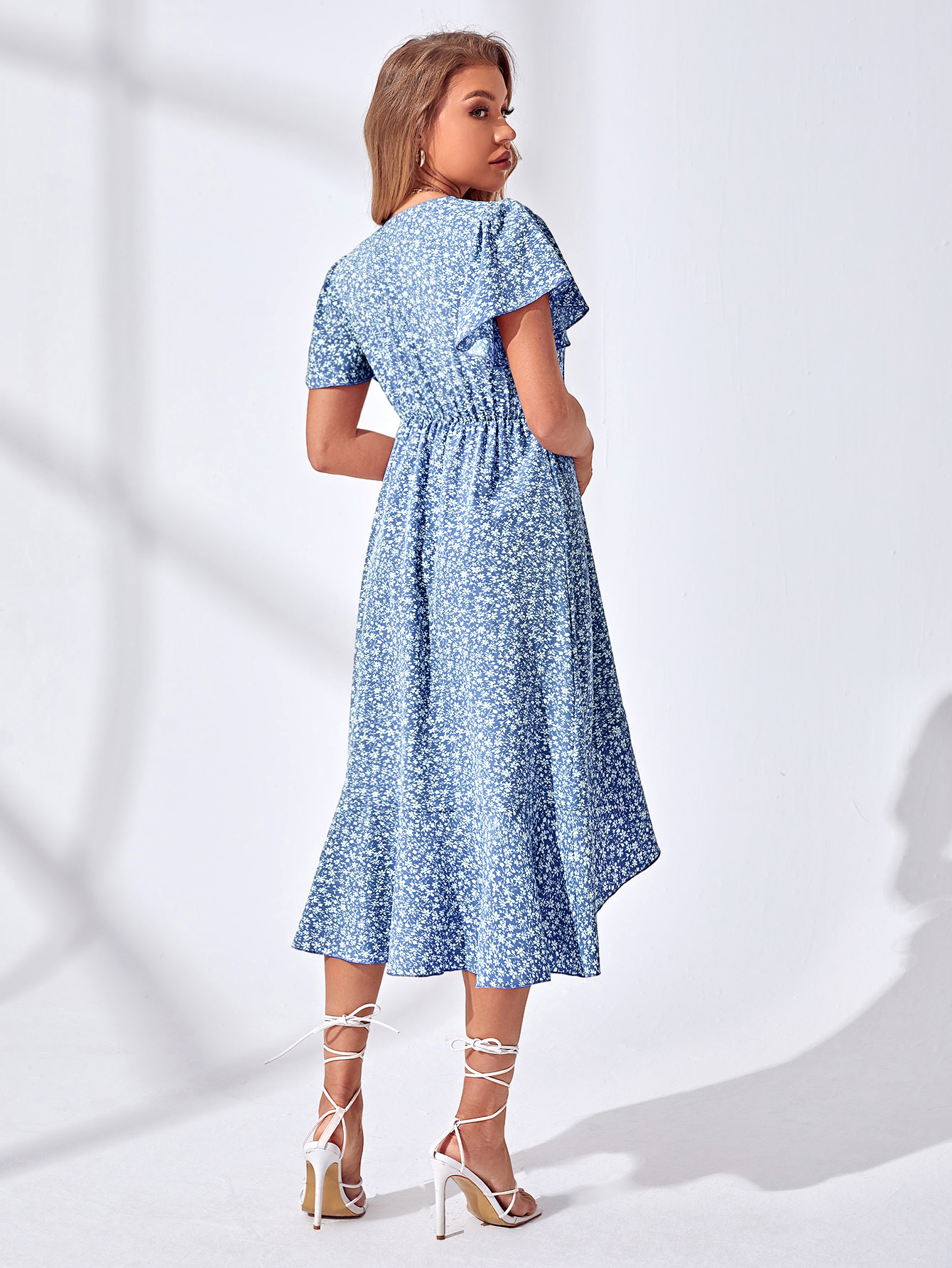 XH451 Floral Print Ruffle Sleeves Knotted Side Wrap Dress