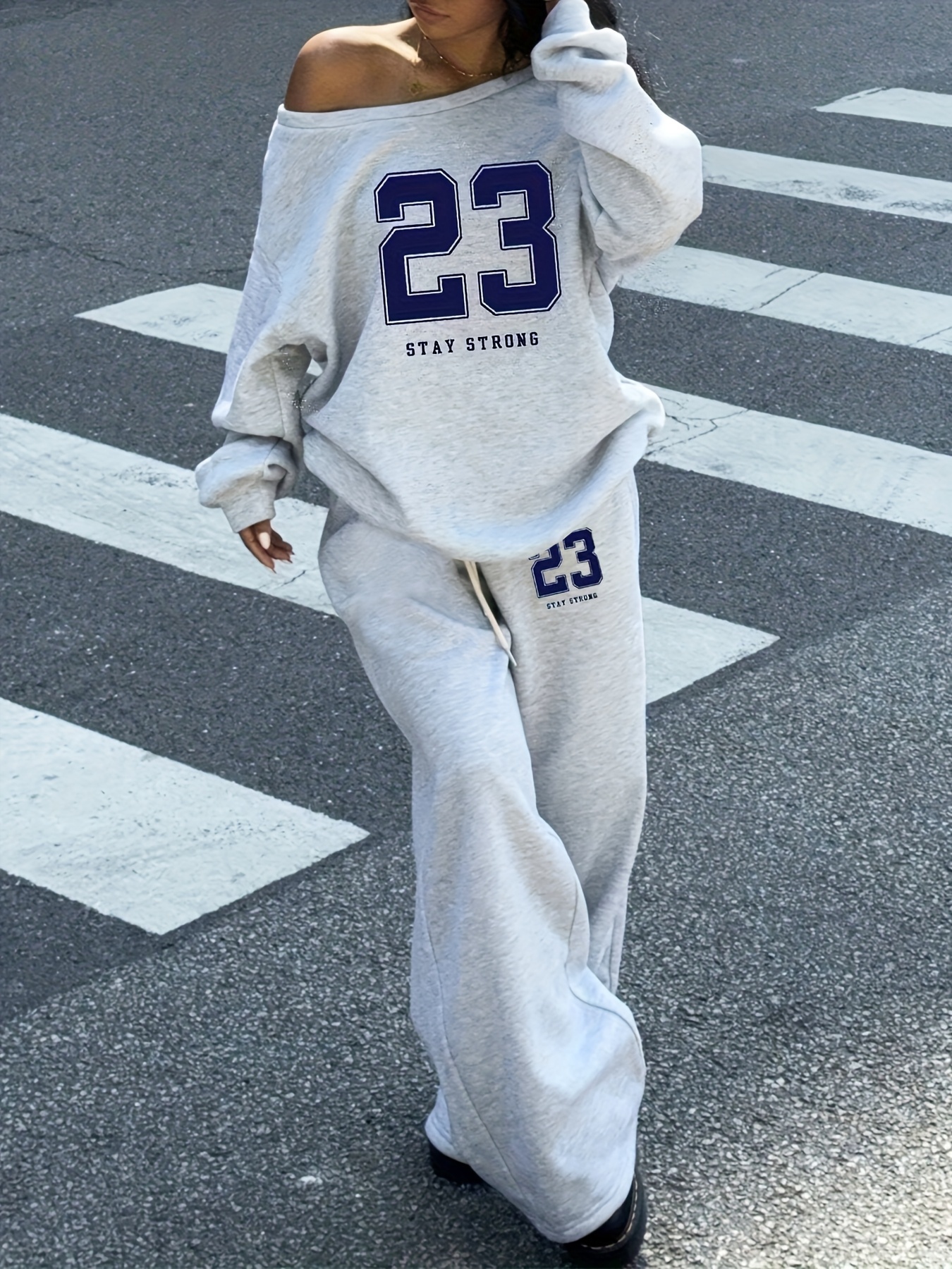 OA061 2pcs Women's 23 Number Graphic Wide Neck Off Shoulder Loose Sweatshirt And Wide-Leg Thick Warm Pants Set, Suitable For Autumn/Winter Back To School Teacher