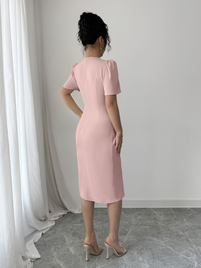 Women's Solid Color Round Neck Short Puff Sleeve Elegant Cutout Shoulder Dress
