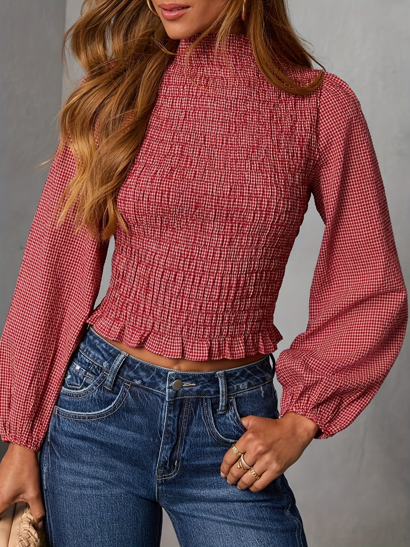 YJ143 Lady Checkered Slim Fit Long Sleeve Shirt