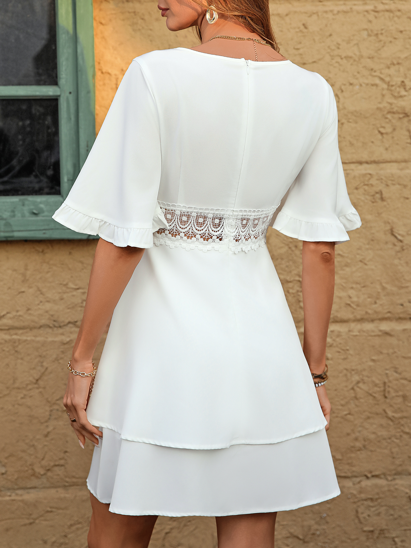 XD568 Clasi Women's V-Neck Ruffle Sleeve Lace Patchwork Dress