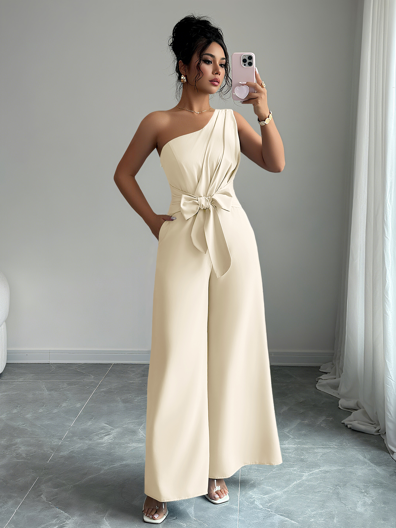 XD705 Women's Summer Elegant Solid Color Tie-Waist Romper