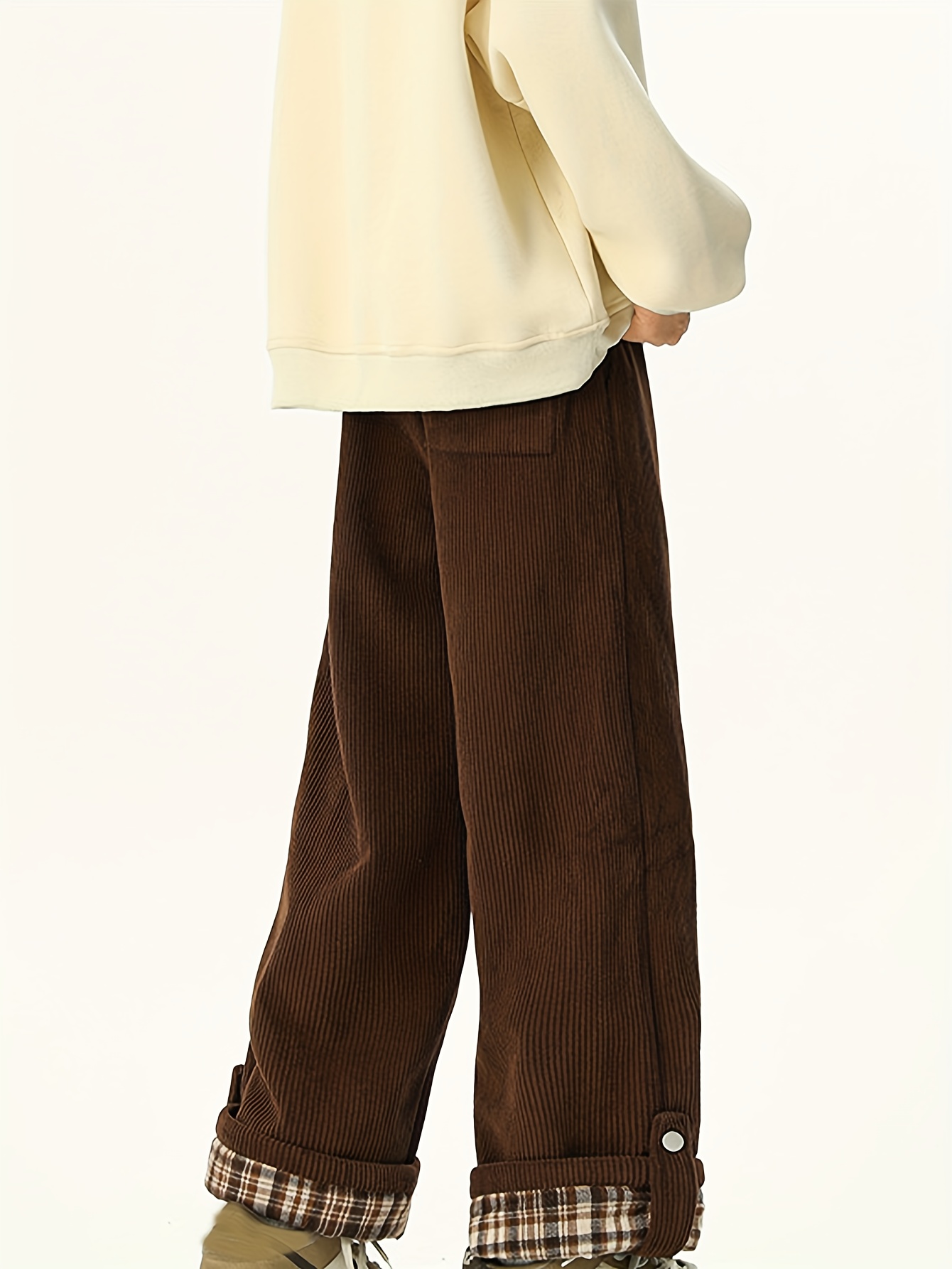 YJ137 Womens's Maillard Color Block Plaid Fleece-Lined Long Pant