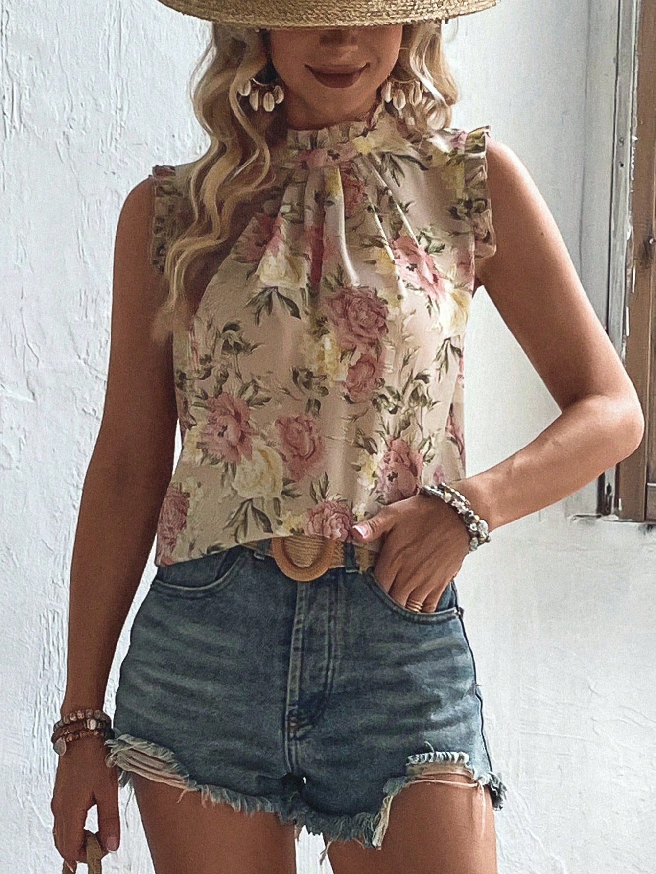 s988 Floral Print Keyhole Back Sleeveless Blouse
