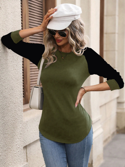 XH199 Women Casual Color Block Raglan Sleeve Long Sleeve T-Shirt, For Autumn Daily Wear Graphic Tees Women Tops For Spring Outfit