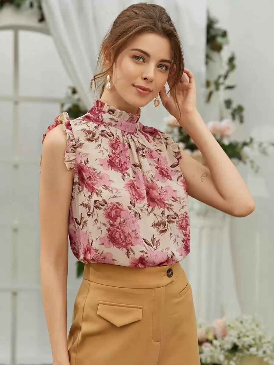 s988 Floral Print Keyhole Back Sleeveless Blouse