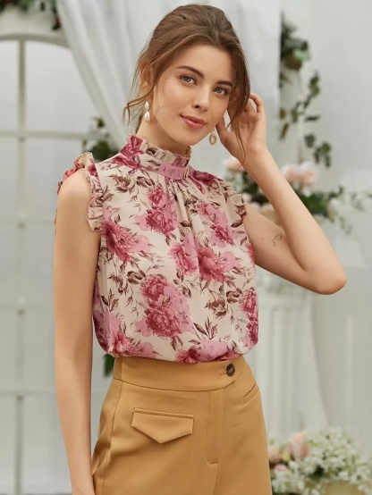 s988 Floral Print Keyhole Back Sleeveless Blouse
