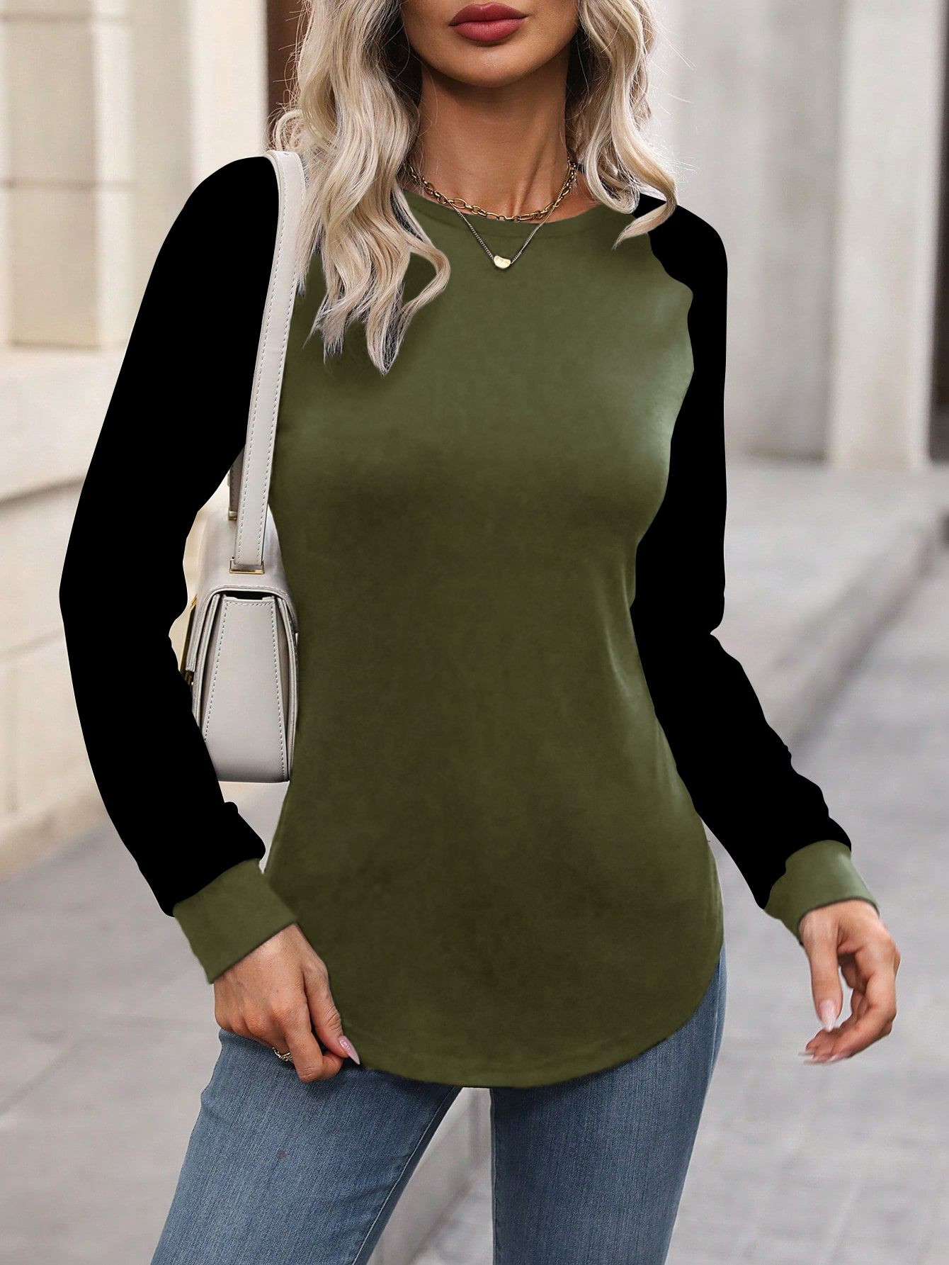 XH199 Women Casual Color Block Raglan Sleeve Long Sleeve T-Shirt, For Autumn Daily Wear Graphic Tees Women Tops For Spring Outfit