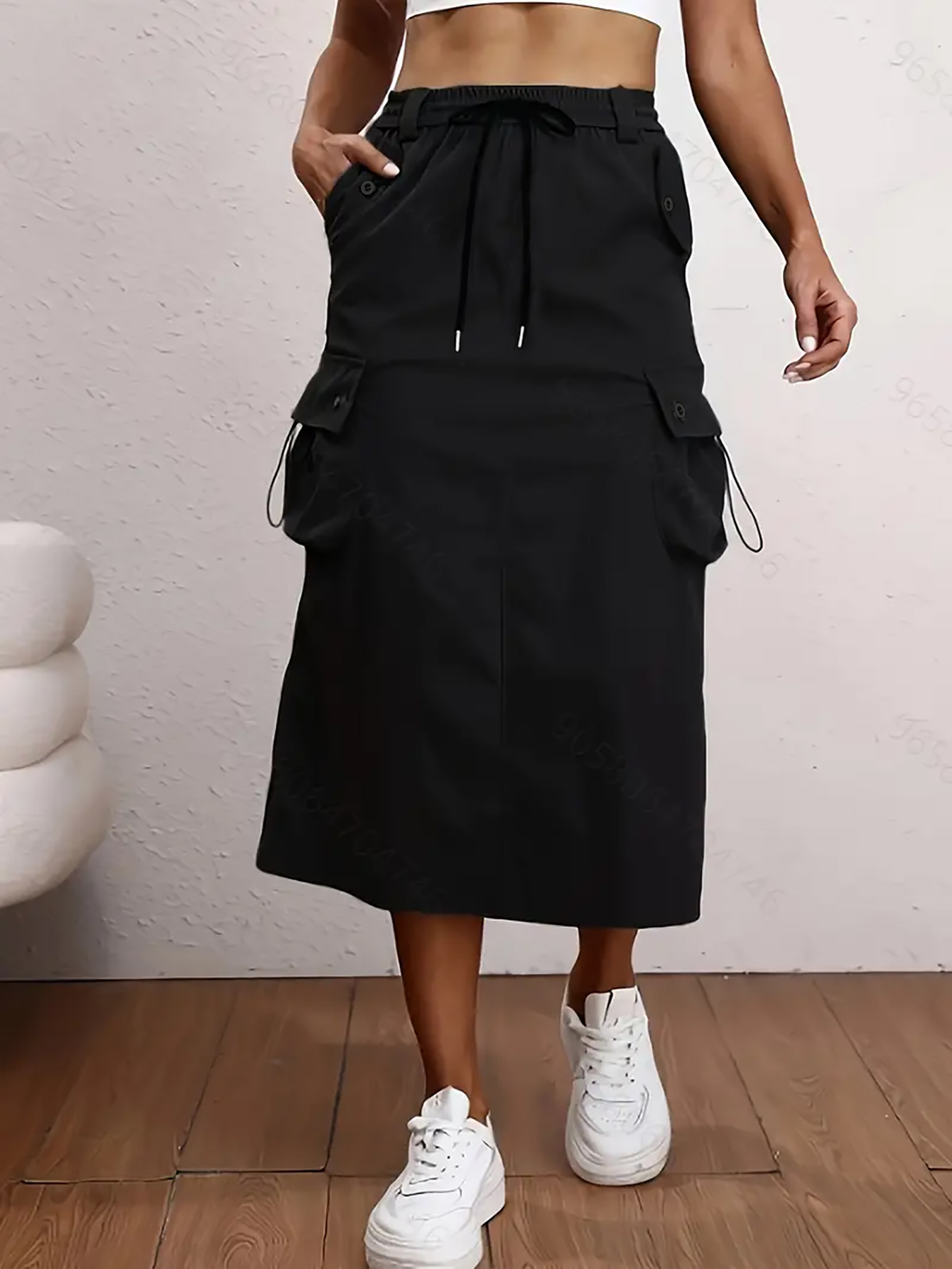 XD242 Women Spring/Summer Leisure Solid Color Drawstring Waist Tooling Skirt