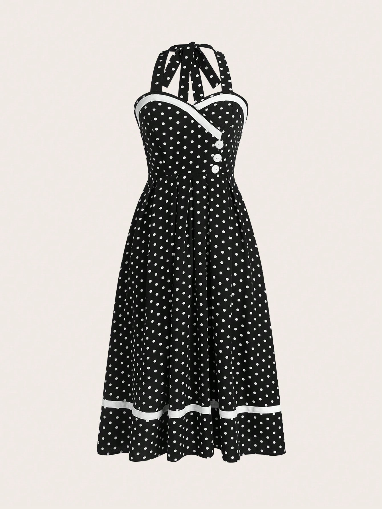 XD204 Women Summer Button Decor Polka Dot Print Halter Neck Tie Waist Dress Maxi Women Outfit
