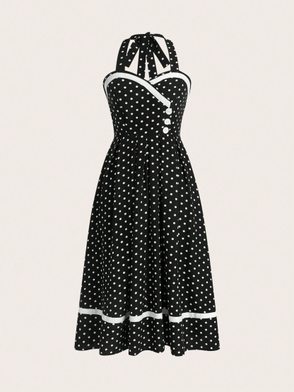 XD204 Women Summer Button Decor Polka Dot Print Halter Neck Tie Waist Dress Maxi Women Outfit